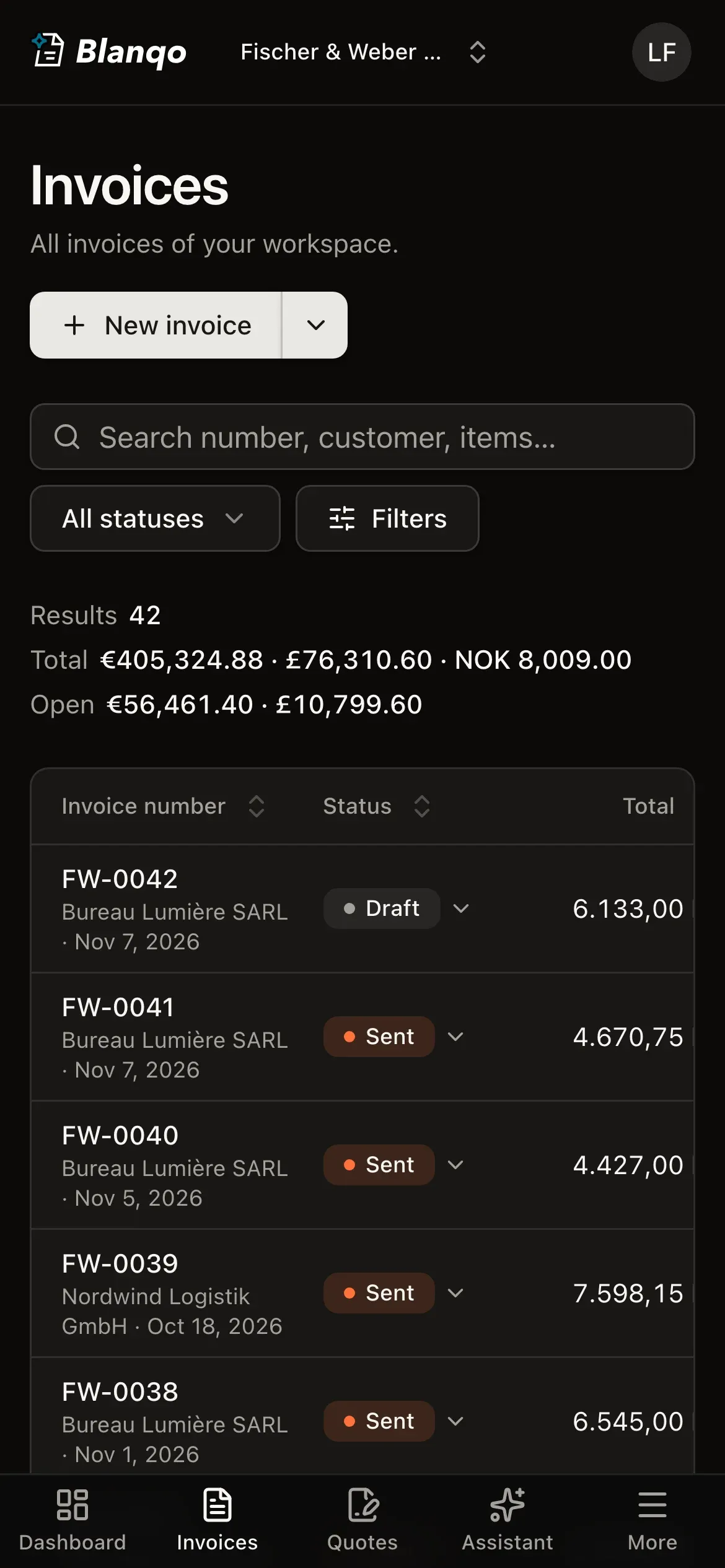 Invoice list on a phone in dark mode