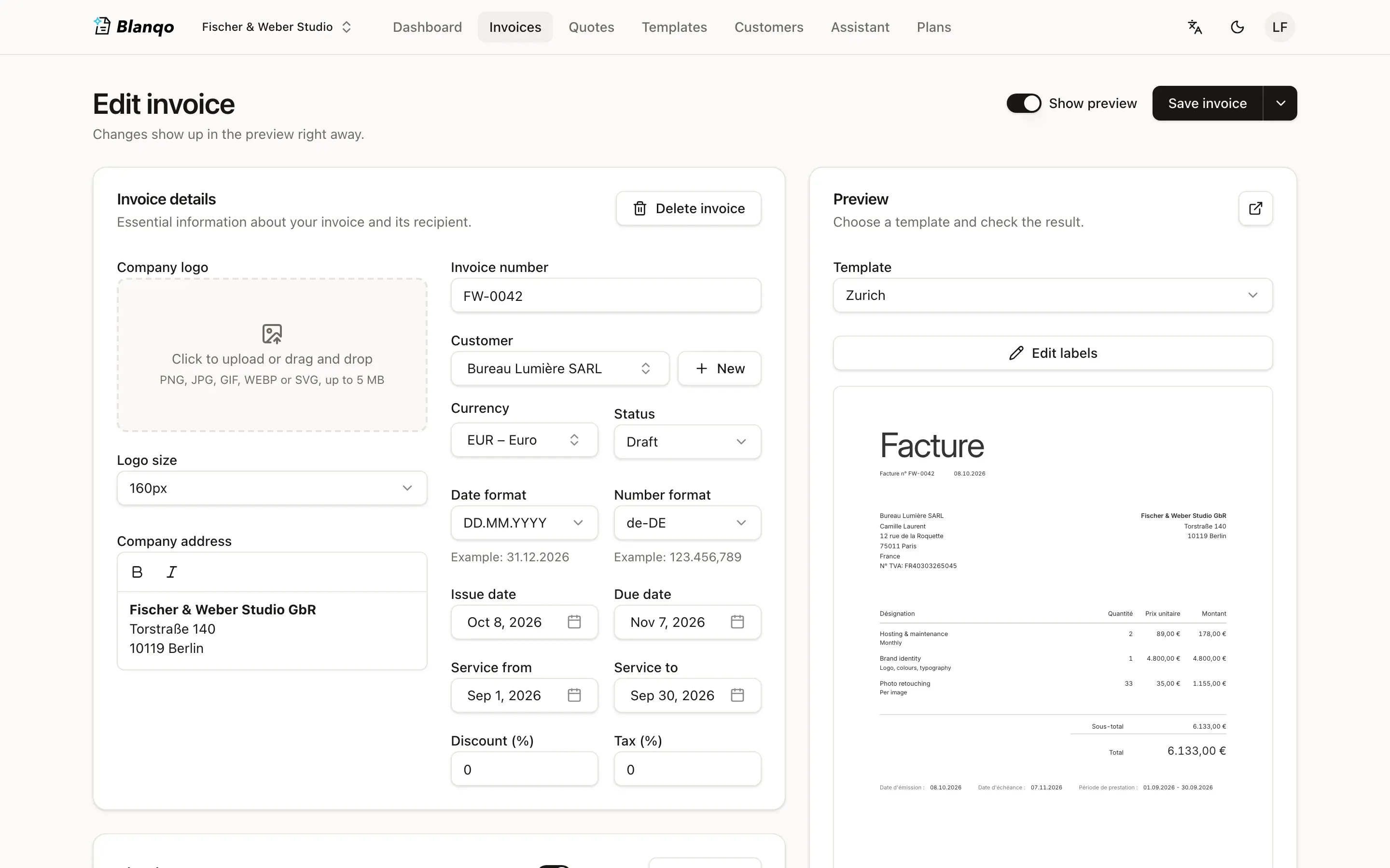 The Blanqo invoice editor: invoice details on the left, a live preview of the invoice on the right